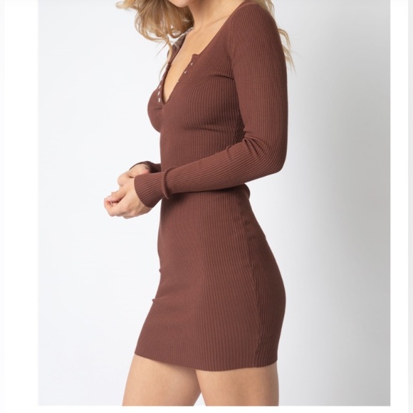 NWT Hera Collection Sexy Brown knit Bodycon Mini Dress with snap button Neck - Picture 2 of 11